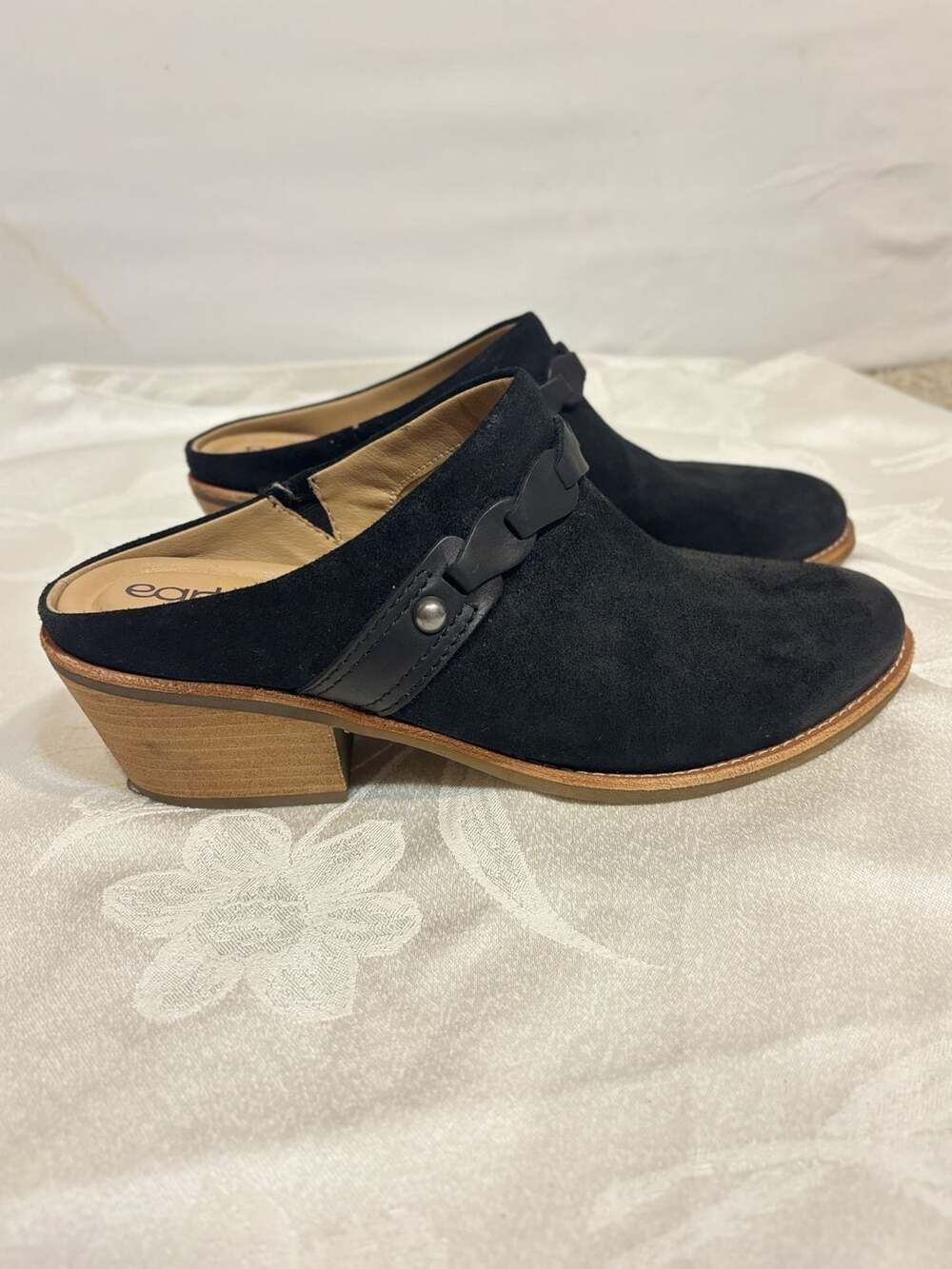 Earth Women's Black Suede Clog Mules Wooden Block Heel Size 10 M